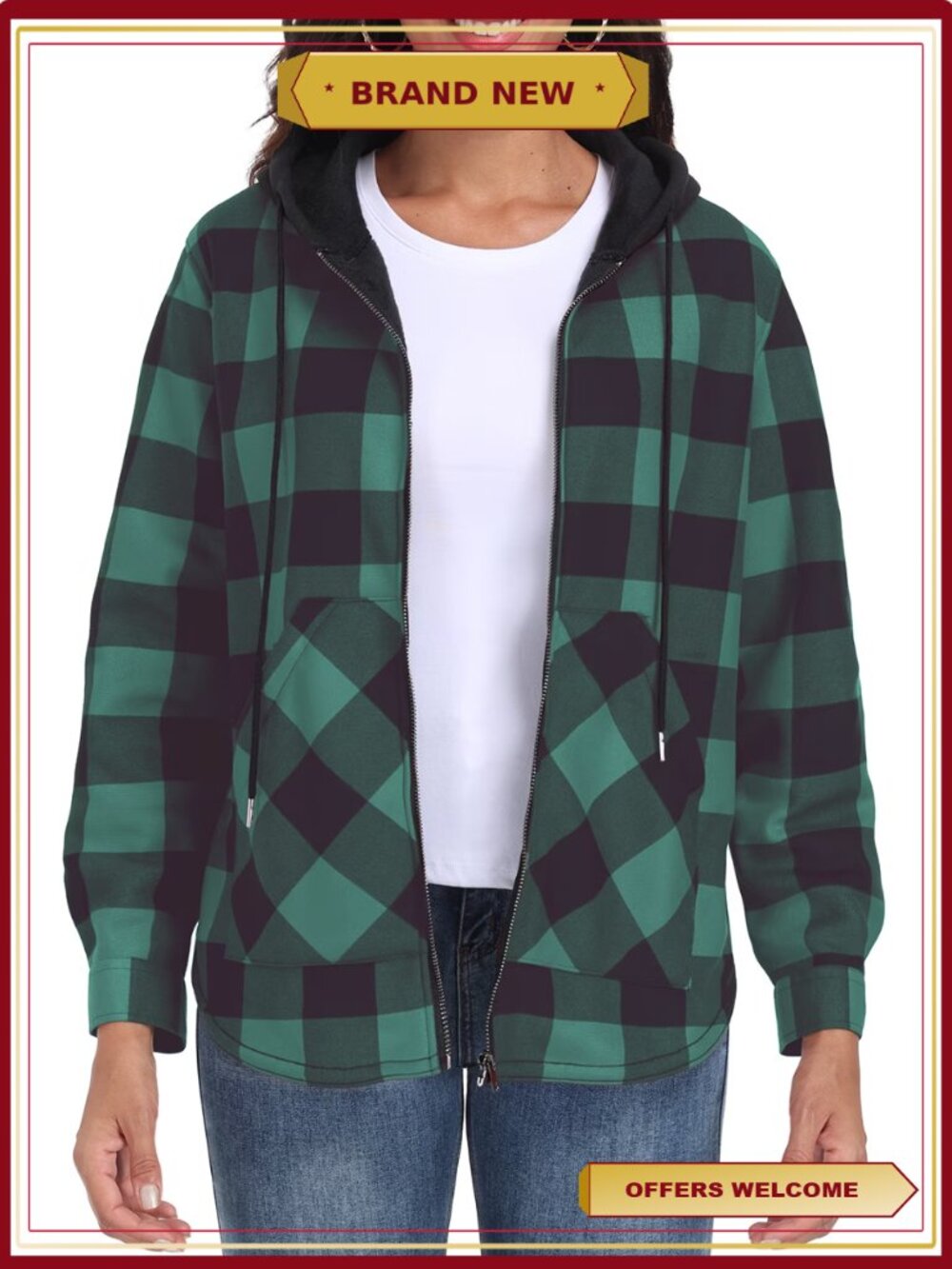Womens Plaid Shacket Fleece Lined Button Down Hooded Jacket Warm Coat